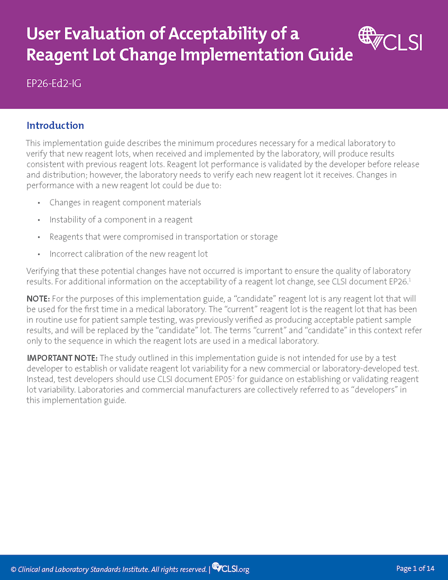 User Evaluation of Acceptability of a Reagent Lot Change Implementation Guide, 1st Edition