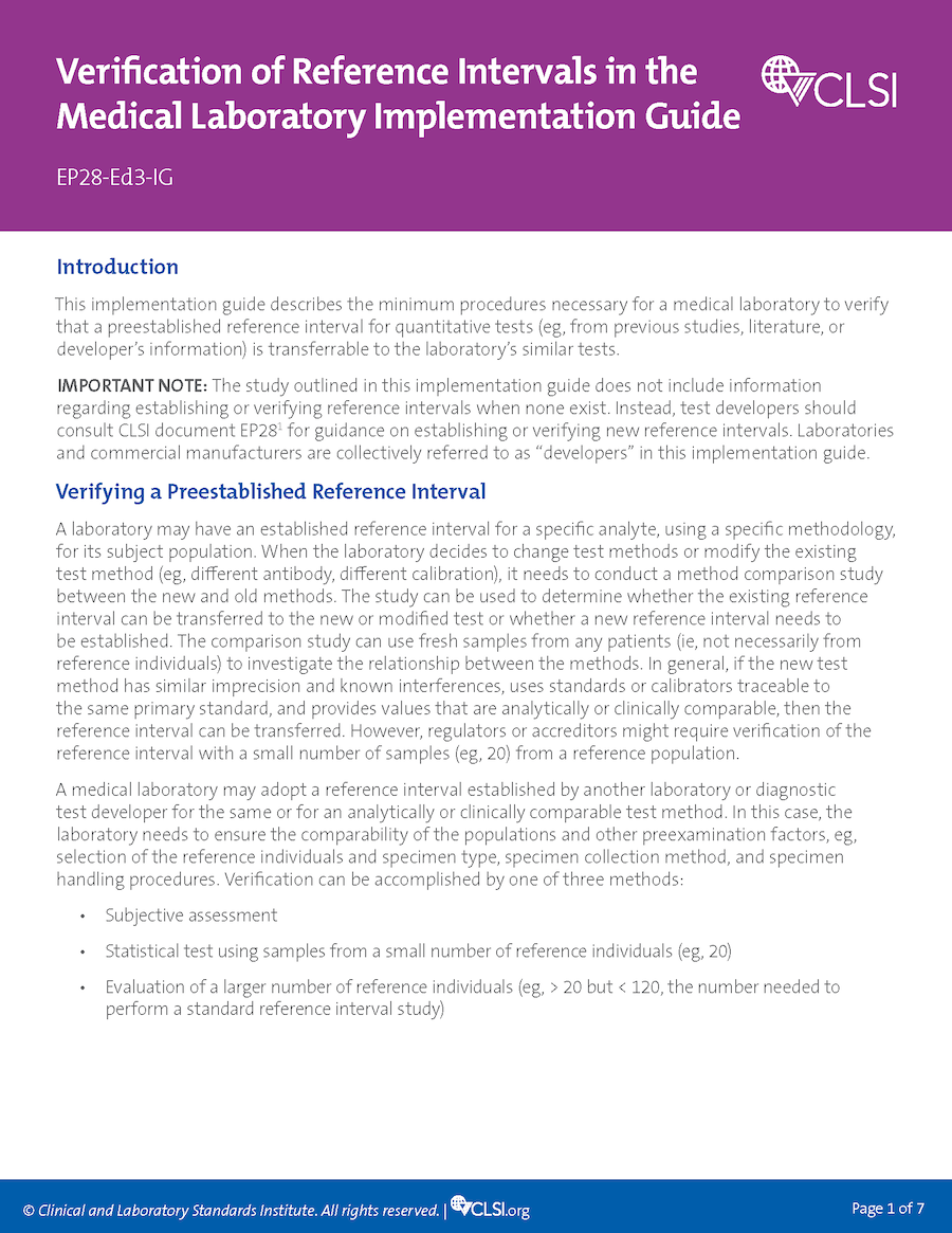 Verification of Reference Intervals in the Medical Laboratory Implementation Guide, 1st Edition