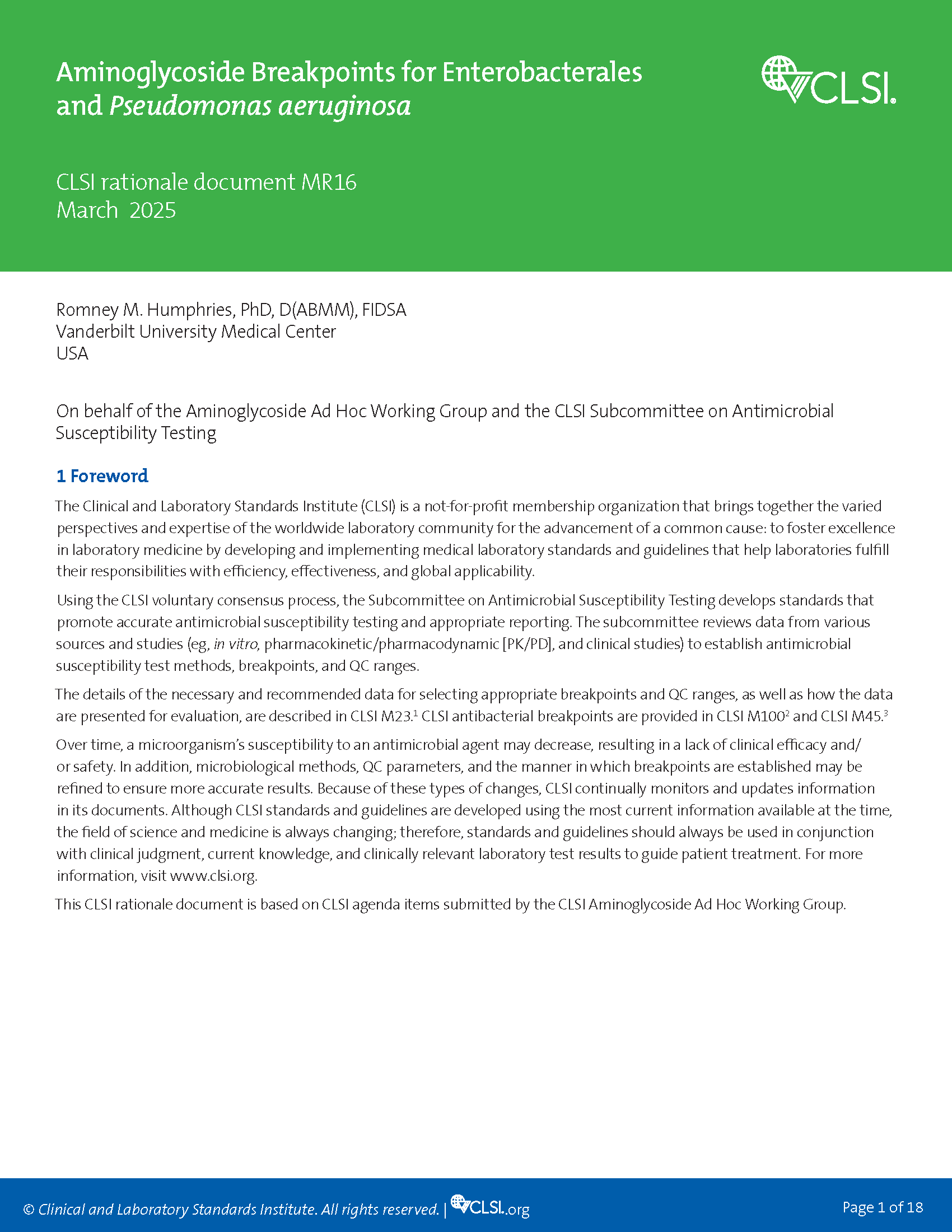 Aminoglycoside Breakpoints for Enterobacterales and Pseudomonas aeruginosa, 1st Edition