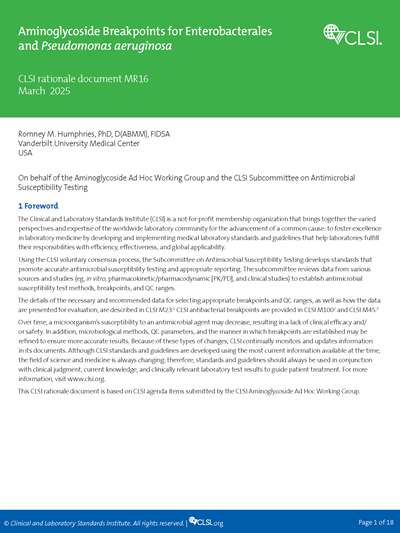 Aminoglycoside Breakpoints for Enterobacterales and Pseudomonas aeruginosa, 1st Edition