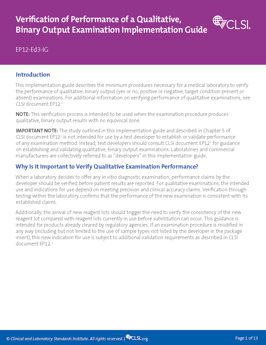 Verification of Performance of a Qualitative, Binary Output Examination Implementation Guide, 3rd Edition