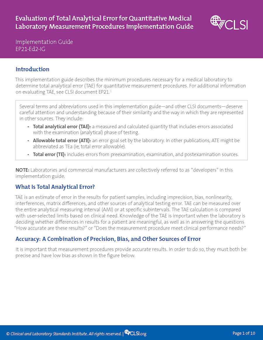 Evaluation of Total Analytical Error for Quantitative Medical Laboratory Measurement Procedures Implementation Guide, 1st Edition